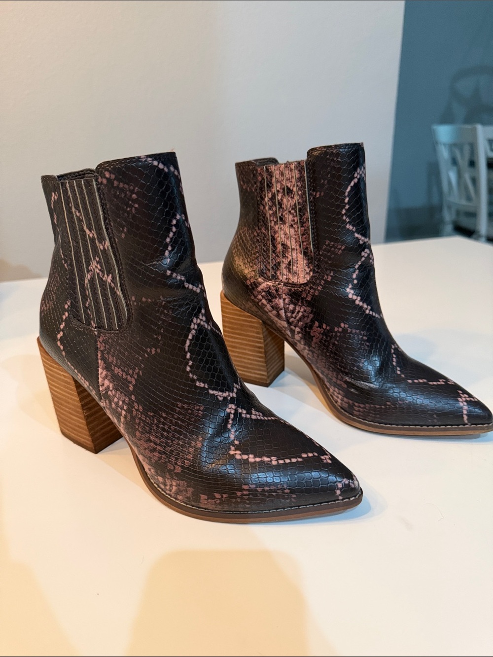 Womens Black & Tan Snake-Print Block Heel Ankle Boots